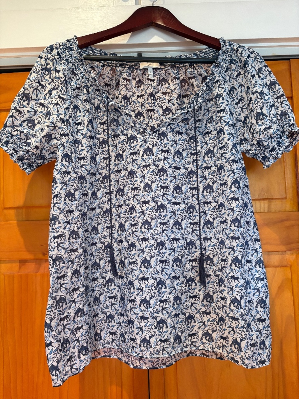 Joie Masha Elephant and Monkey Blouse, Silk and Cotton Blue and White Size Small